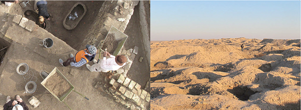 Scientific excavation in progress at Ur in southern Iraq in 2015 (on the left) and The site of Umma in southern Iraq, pockmarked with hundreds of looters’ pits in 2012